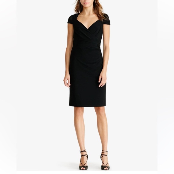 LAUREN Ralph Lauren Black Cap Sleeve Side Ruched Dress, Size 8 - Picture 1 of 13